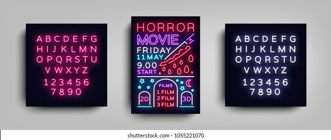 Horror movie postcard typography design neon template. Brochure style neon, neon sign, poster, banner light, night bright advertising on movies, cinema. Vector Illustrations. Editing text neon sign