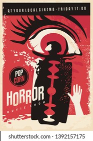 Horror Movie Poster Design With Scary Eye And Bloody Razor Blade. Retro Poster Vector Illustration.