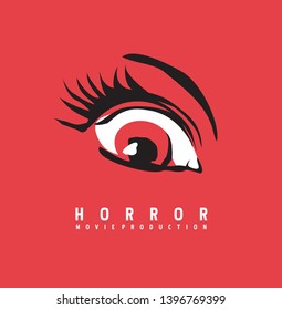 Horror movie production business logo design concept. Eye symbol drawing on red background. Vector illustration.