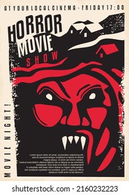 Horror Movie Retro Poster Design With Vampire Monster Graphic. Cinema Event Document Template For Horror Film Festival. Scary Vector.