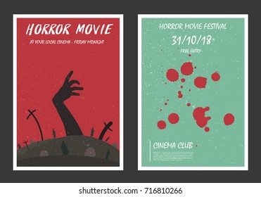 Horror movie retro posters set. Blood and zombie. Vintage cinema promotional printing collection. Can be used for ad, banner, web design. Layout template in A4 size.