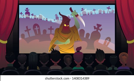 Horror Movie is Shown on Screen in Cinema Cartoon. Foreground, Viewers are Watching Movie Sitting in Cinema, Rear View. On Screen Man in Mask with Knife in his Hand, Scary Film Flat.