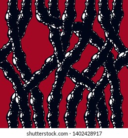 Horror movie style seamless pattern, vector background. Tangled roots or gut biological life form weird endless illustration. Hard Rock and Heavy metal subculture music textile fashion stylish design.