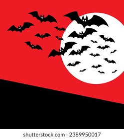 Película de terror. Vampiros. Bates negros contra un cielo rojo. Imagen vectorial para impresiones, afiches e ilustraciones.