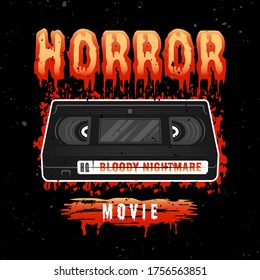 Horror movie vector colored t-shirt print with video tape. Apparel design illustration in 90s style