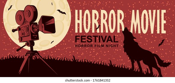 Horror movie. Vector poster for a festival of scary cinema with an old film projector and a werewolf howling at the full moon. Suitable for poster, flyer, banner, billboard, web design, ticket, ad