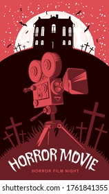 Horror movie. Vector poster for a festival of scary cinema with an old movie camera on a cemetery and an ominous house on a moonlit night. Suitable for banner, flyer, ticket, billboard, web design