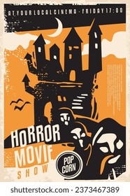 Horror movies fest poster design with shady hooded creatures and dark castle graphic. Vintage flyer design for horror cinema. Vector illustration.