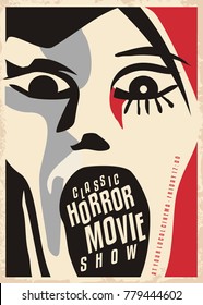 Horror Movies Poster Design With Dreadful Face Screaming. Cinema Poster For Scary Movies Classical Show. Cubism Style Artistic Vector Illustration.
