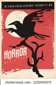 Horror Movies Retro Poster Design With Black Raven On Red Background. Vintage Flyer With Crow Bird.