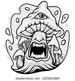 Horror mushroom hand draw vector coloring page.