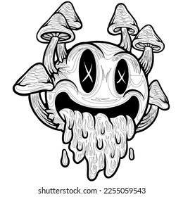 Horror mushroom hand draw vector coloring page.