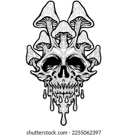 Horror Mushroom Skull hand draw Vector coloring page.