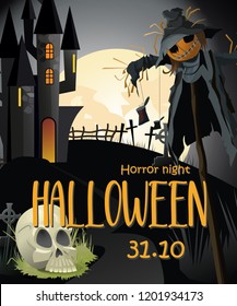 Horror night Halloween with information banner. Creative lettering with straw man, white skull, gothic castle and full moon. Can be used for posters and invitations. 