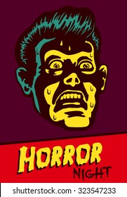 Horror Night! Halloween Party Or Movie Night Event Flyer Vector Design With Terrified Vintage Man Face Afraid Of Something Creepy, Distracted With Fear