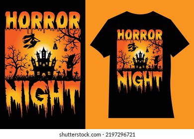 Horror night Halloween t-shirt design Vector cartoon style illustration of pumpkin, witch cat, and bats, isolated on black background. Print for t-shirts, Mugs and Coffee cups, Cards and frame artwork