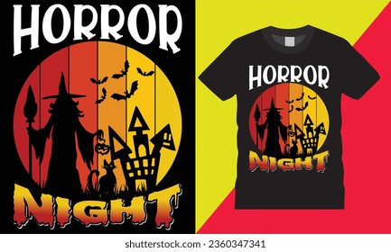 Horror night happy Halloween graphic vector t shirt template design.cute sweet cat spooky ghost pumpkin chilling vibes isolated background custom print for ready