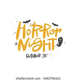 Horror night lettering, vector brush calligraphy. Handwritten Halloween typography print for flyer, poster, card, banner. Hand drawn decorative design element.
