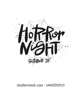 Horror night lettering, vector brush calligraphy. Handwritten Halloween typography print for flyer, poster, card, banner. Hand drawn decorative design element.