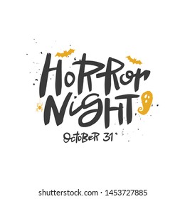 Horror night lettering, vector brush calligraphy. Handwritten Halloween typography print for flyer, poster, card, banner. Hand drawn decorative design element.