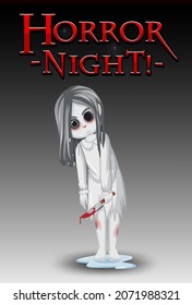 Horror night logo with little ghost girl with black eyes illustration