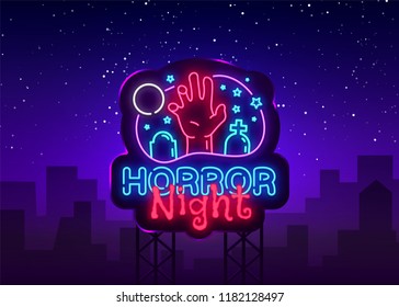 Horror Night neon sign vector. Halloween Poster Design template neon sign, Horror light banner, neon signboard, nightly bright advertising, light inscription. Vector Illustration. Billboard