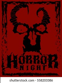 Horror night. Stylish poster of goblin face with horns and grunge frame. Good fore t-shirts, stickers, labels.  