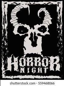 Horror night. Stylish poster of goblin face with horns and grunge frame. Good fore t-shirt, stickers, labels.  
