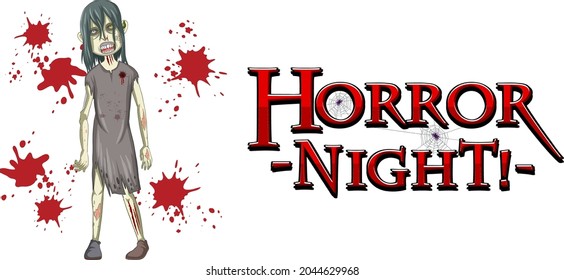 Horror Night text design with creepy zombie illustration