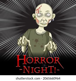Horror Night text design with creepy zombie on dark rays illustration