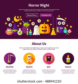 Horror Night Web Design Template. Flat Style Vector Illustration for Website Banner and Landing Page. Happy Halloween.