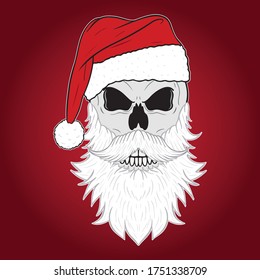 horror nikolaus skull with red pom pom cap and white beard on a red background.