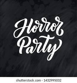 Horror Party lettering in calligraphy style on white background. Graphic design illustration. Hand drawing slogan. Template for Online Cinema. Vector illustration