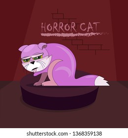 Horror pink cat at night vector illustration
