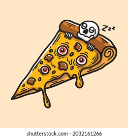 horror pizza illustration with skull skeleton sleeping