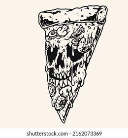 Horror pizza vintage element monochrome slice with scary face with sausage and mushrooms under melted cheese vector illustration