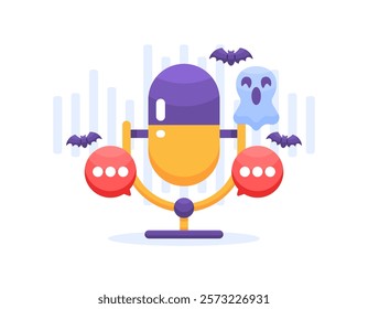 horror podcast concept. chat room. program that discusses horror. communication and entertainment. illustration of microphone with bat and ghost. flat style design. elements