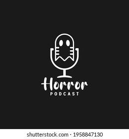 Horror Podcast Logo Design. Ghost Symbol As The Microphone Concept. Logo Illustration.