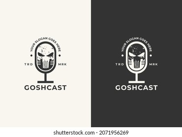 horror podcast logo design with skull in mic premium vektor