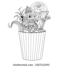 Horror popcorn. Abstract illustration for a spine-chiller movie in a popcorn cup. Thriller stories. Horror film festival.