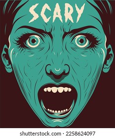 Horror poster with scared girl. Retro poster for cinema event. Movie. Halloween poster.