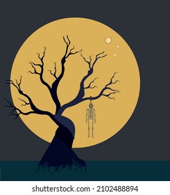 afiche de horror, de esqueleto colgado en un árbol a la luz de la luna