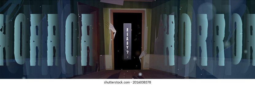 Horror poster with zombie hands in dark doorway