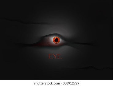 horror red eye behind the hole of concrete wall in the dark