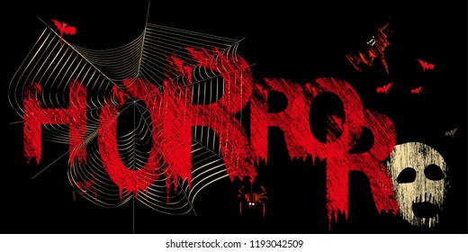 Horror. red letters on a dark background. skull. trees. spiders
