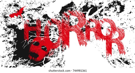 Horror. red letters on a dark background. skull. trees. spiders