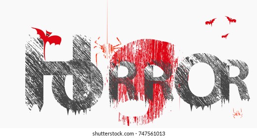 Horror. red letters on a dark background. skull. trees. spiders
