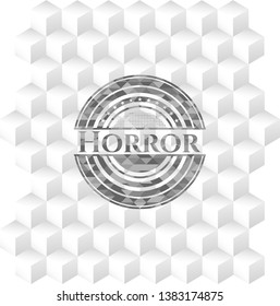 Horror retro style grey emblem with geometric cube white background