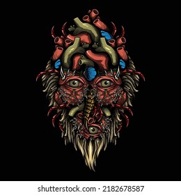 Horrorschrei-Gesicht. Vektorgrafik in Gravur-Technik von übernatürlichem unscharfem Gesicht, surreales Porträt von Dämon. 