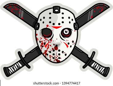 horror scary hockey goalie mask with crossed machettes cartoon style